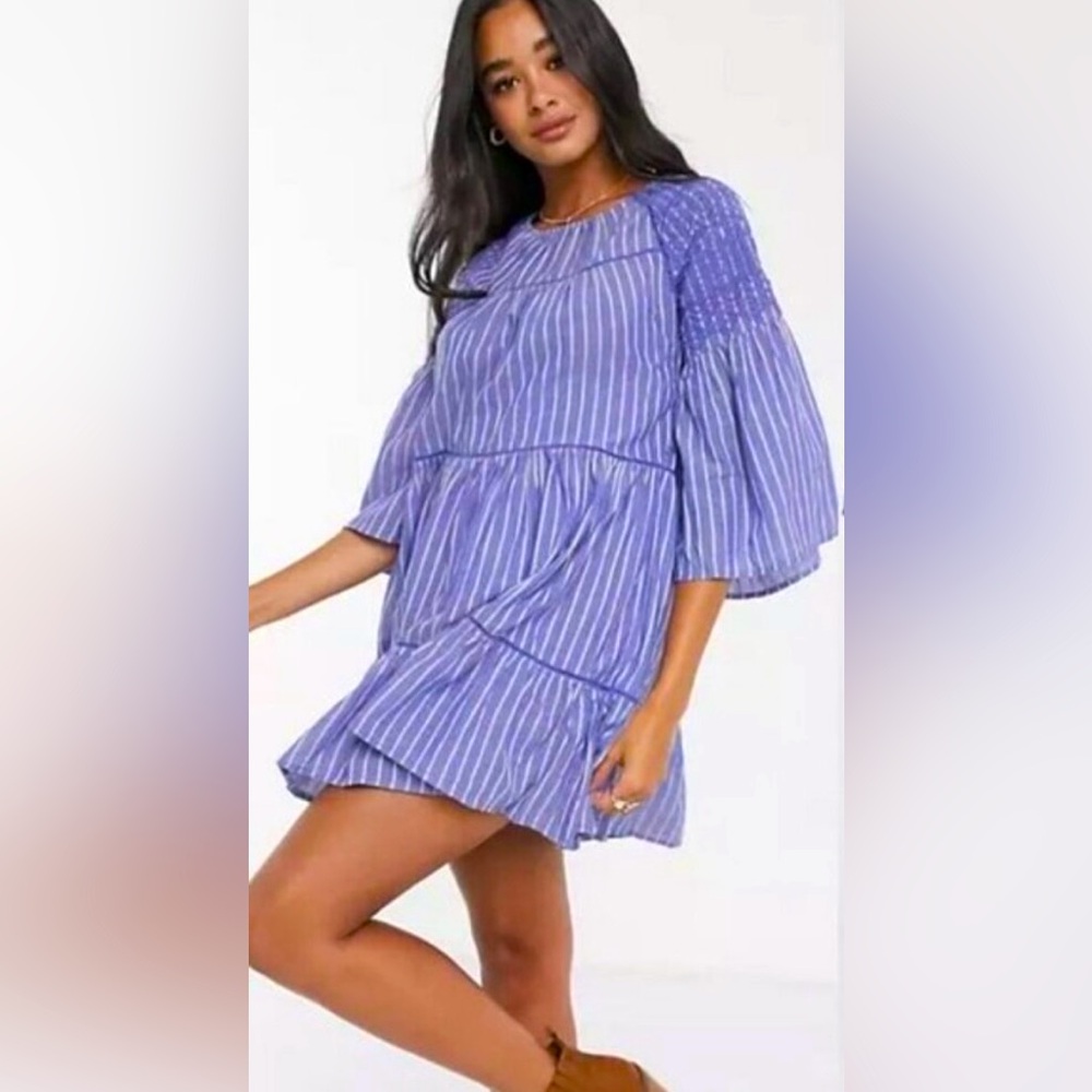 Free People Embroidered Lola A-line Mini Dress in Chambray Stripe ZB12